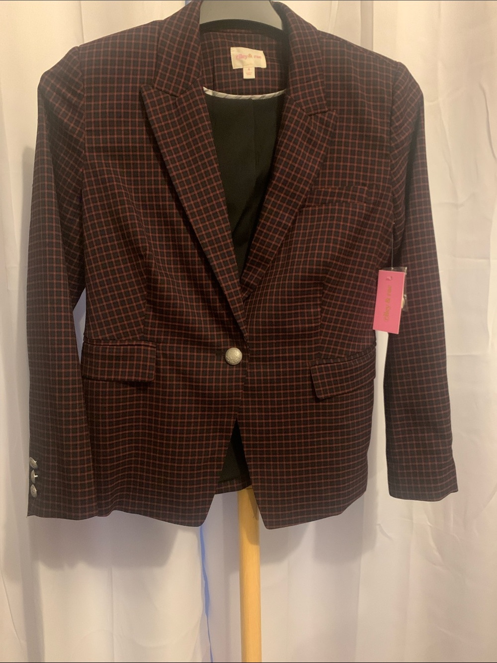 Nina Leonard Burgundy Plaid Blazer with Notch Lapel